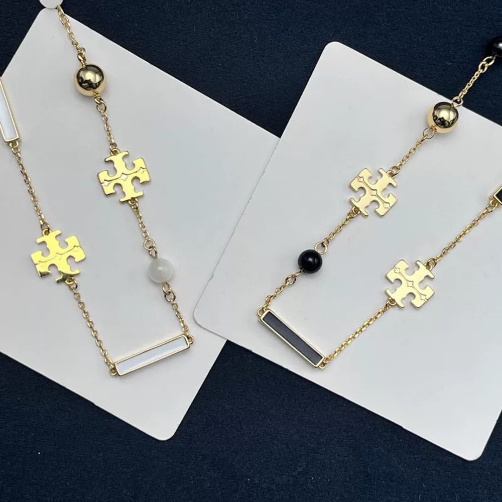 Tory Burch Gold Plated Copper Double Enamel Bar Logo Ball Multi Pendant Necklace
